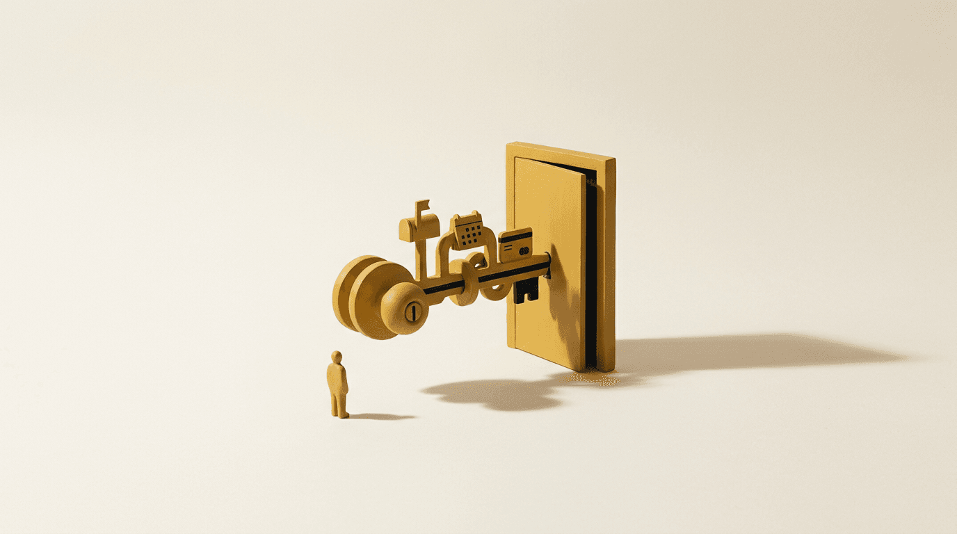 Symbolische Illustration: Ein großer Schlüssel mit Dienstsymbolen öffnet eine Tür; daneben steht eine kleine Person.