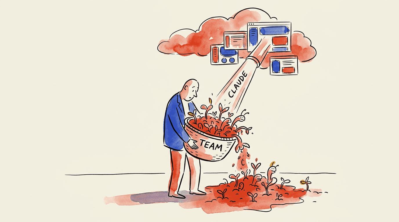 Symbolbild: Eine Person hält einen mit Team beschrifteten Pflanzkorb unter einer Claude-Verbindung zu Cloud-Anwendungen.
