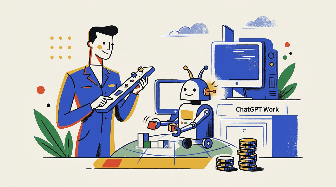 Illustration: Ein Mann steuert mit einem Tablet einen kleinen Roboter, der vor Computerbildschirmen Bauklötze stapelt, daneben ein Rechner mit der Aufschrift ChatGPT Work und Münzstapel.