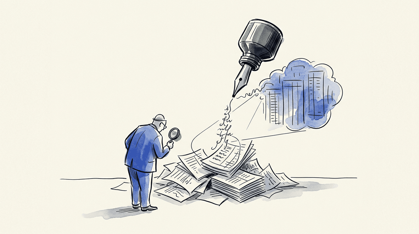 Illustration: Eine Person untersucht einen Dokumentenstapel mit einer Lupe; darüber schweben eine Schreibfeder und stilisierte Tabellen.