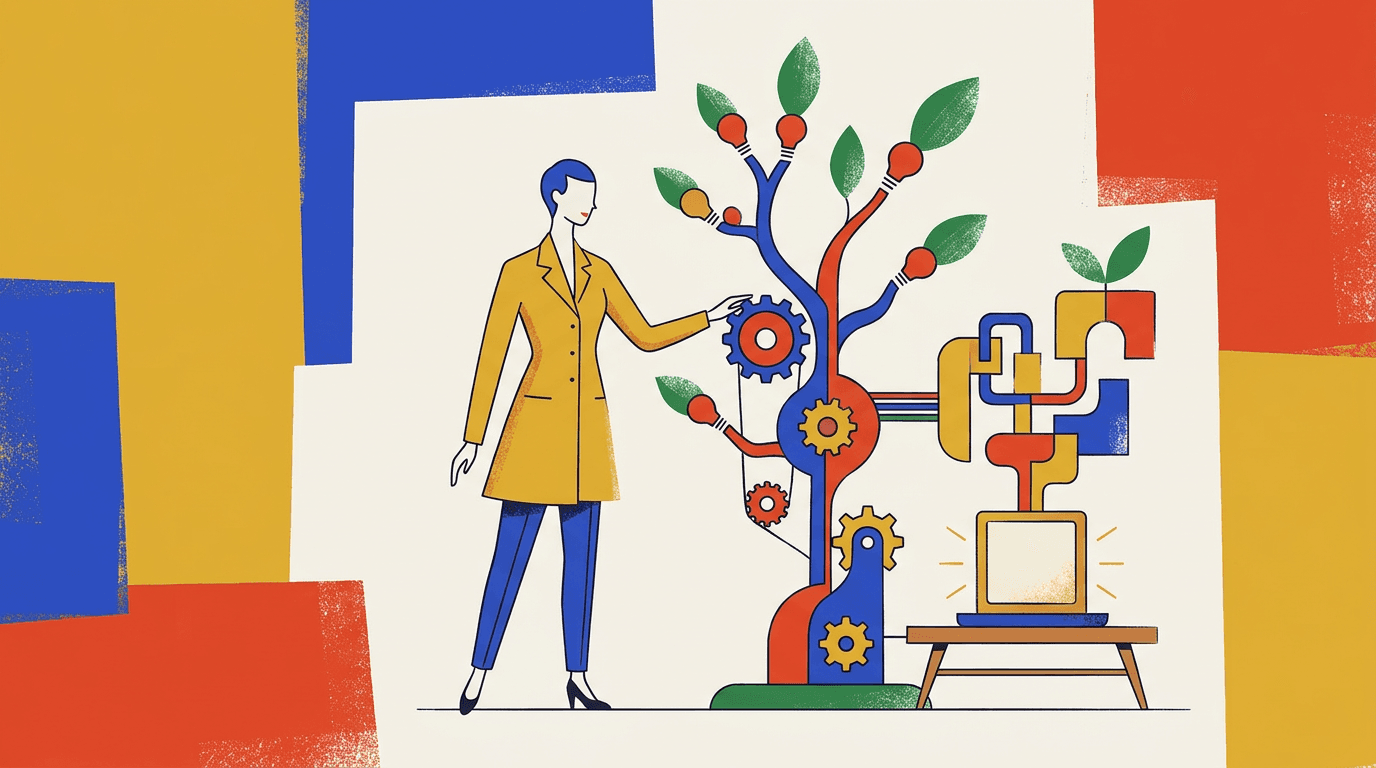 Illustration einer Person neben einem Baum aus Zahnrädern und Glühbirnen, der mit einem Laptop verbunden ist.