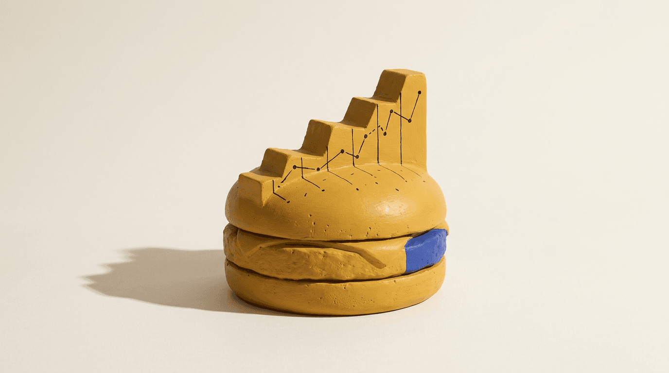 Symbolbild: Ein gelber Burger, dessen Oberseite als ansteigende Stufen mit einer abstrakten Datenlinie gestaltet ist.