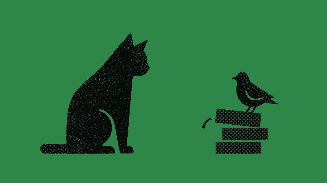 Illustration: Eine Katze beobachtet einen Vogel auf einem wackligen Stapel, Sinnbild für das unsichere Vertrauen zwischen KI-Agenten